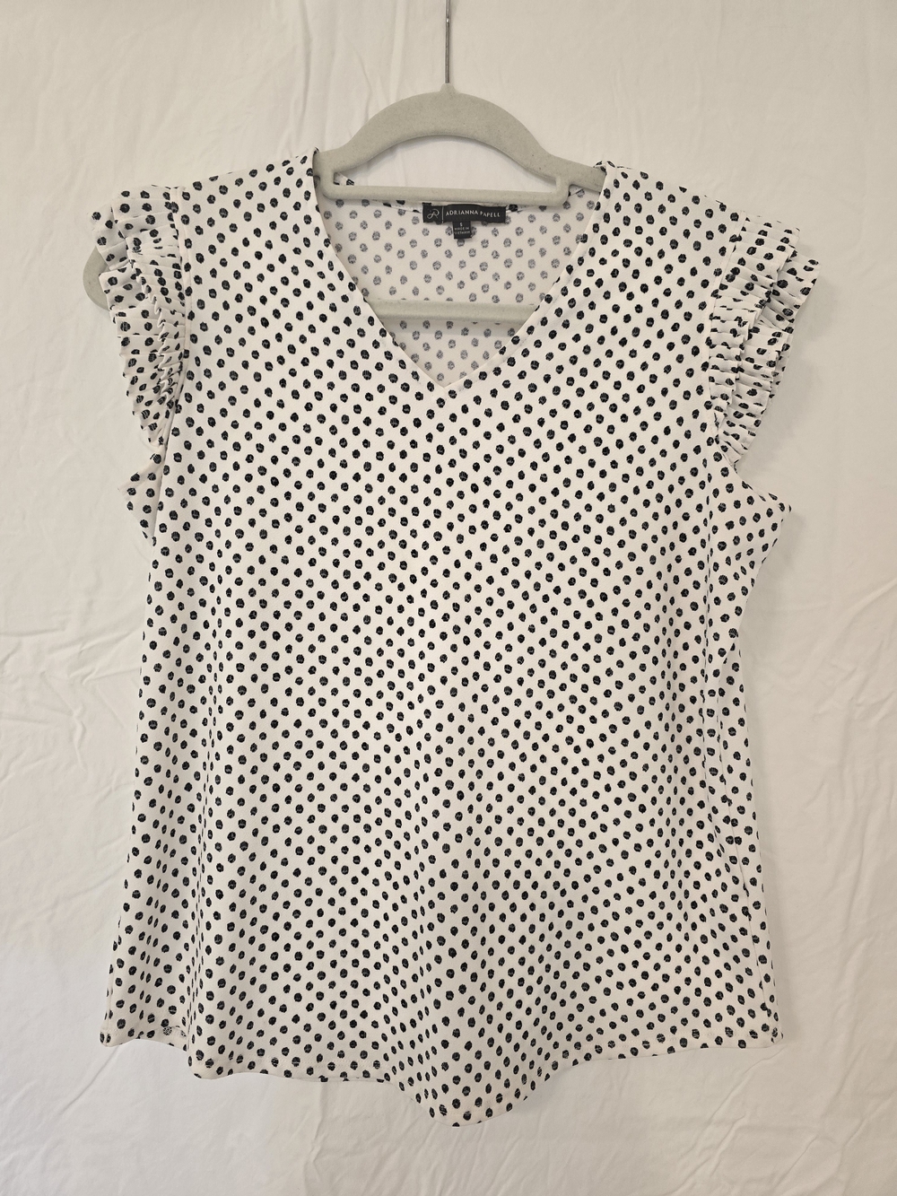 Adrianna Papell White V-Neck Polka Dot Ruffle Sleeve Top